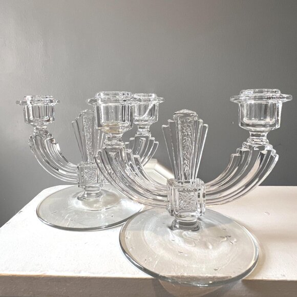 1930s Art Deco Glass Candle Holders Pair | Vintage Double-Arm Crystal Candelabra - Picture 2 of 7